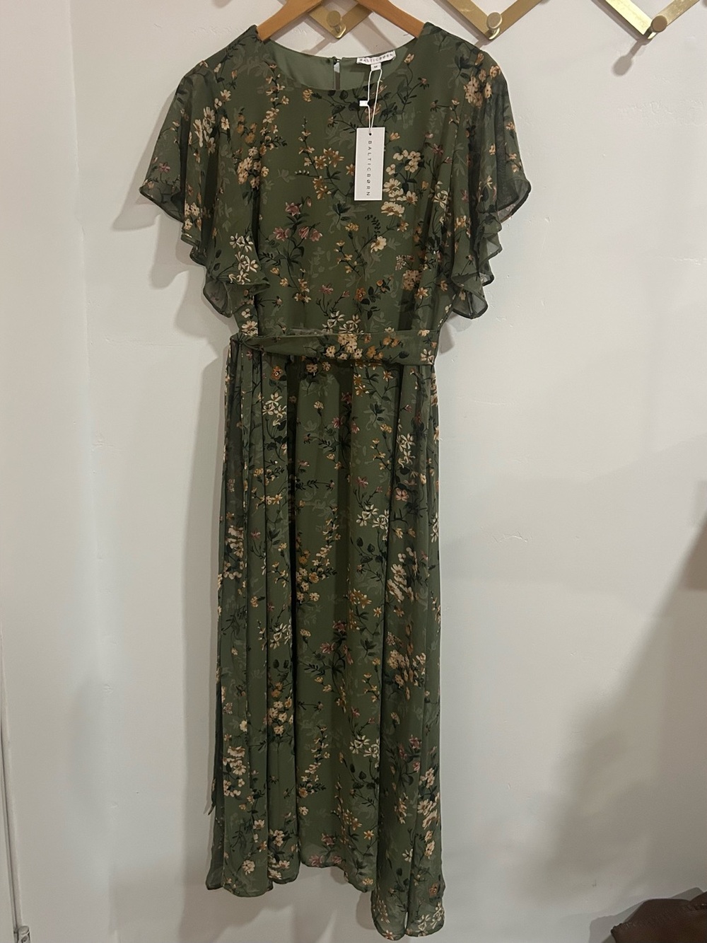 New!!! Baltic Born Olive Green Floral Midi Dress with Tie Waist - Picture 10 of 17